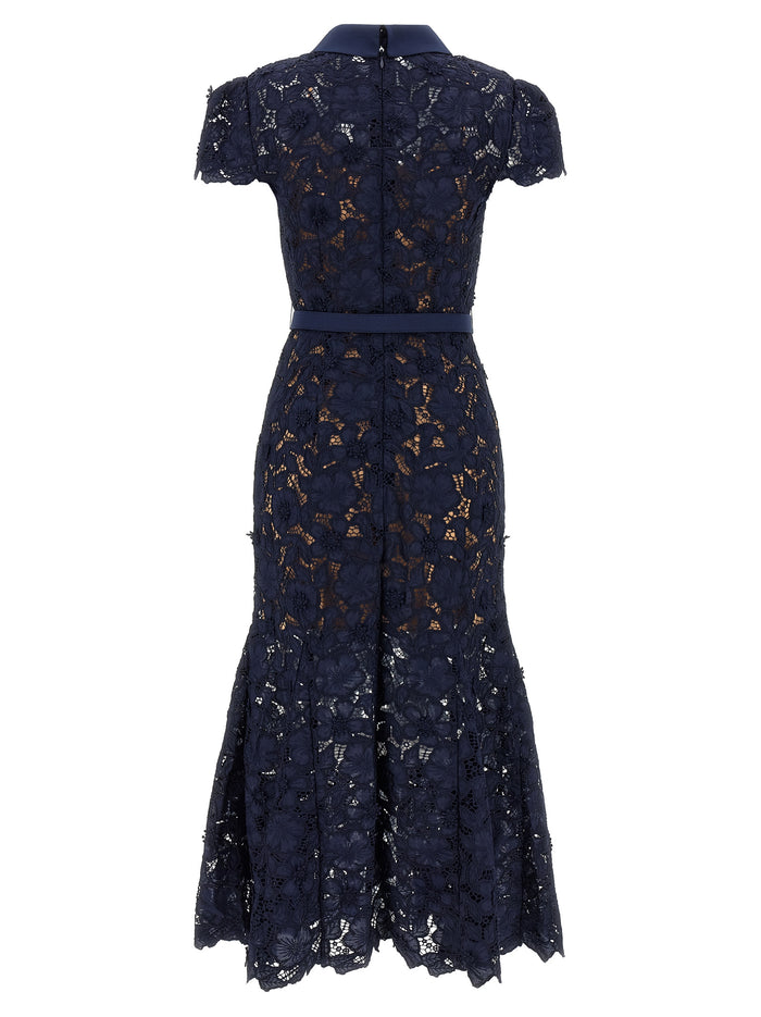 Navy Guipure Lace Midi dress Blue Polyester