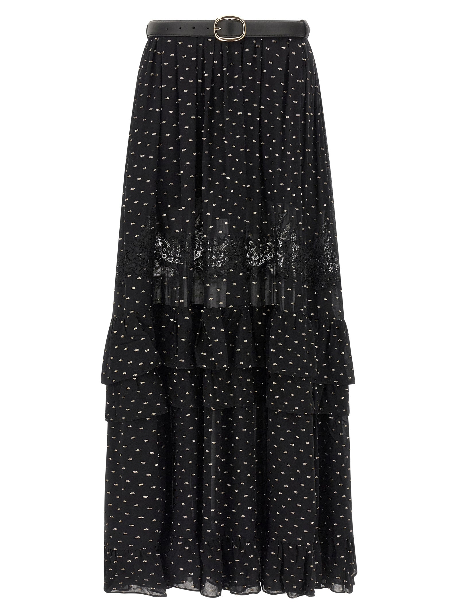 Black And Gold Chiffon Lace Maxi skirt Viscose Metal
