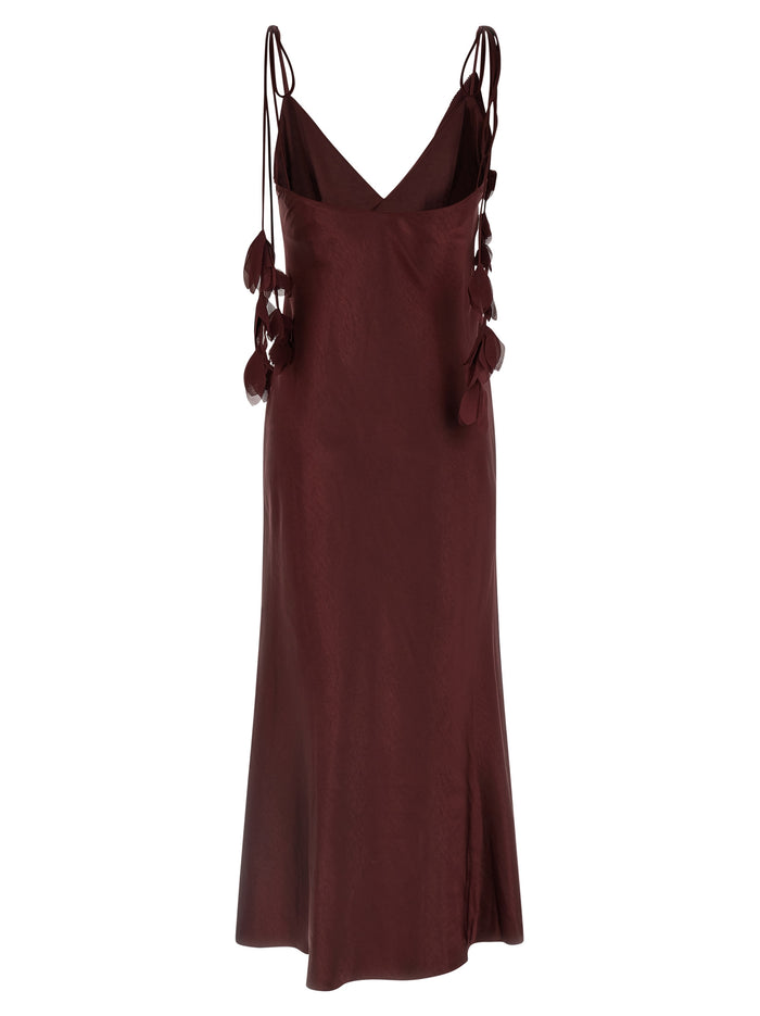 Burgundy Satin Flower Midi dress Bordeaux Polyester