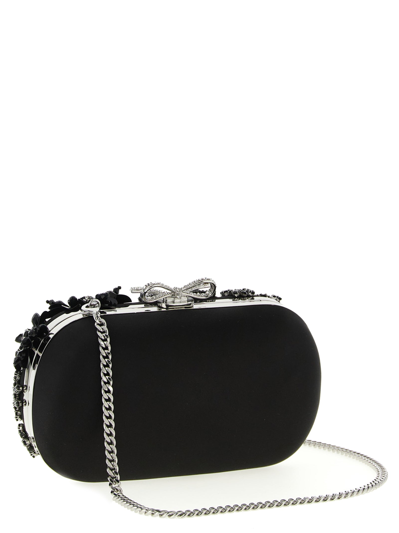 Black Satin Floral Crystal clutch Polyester Elastane