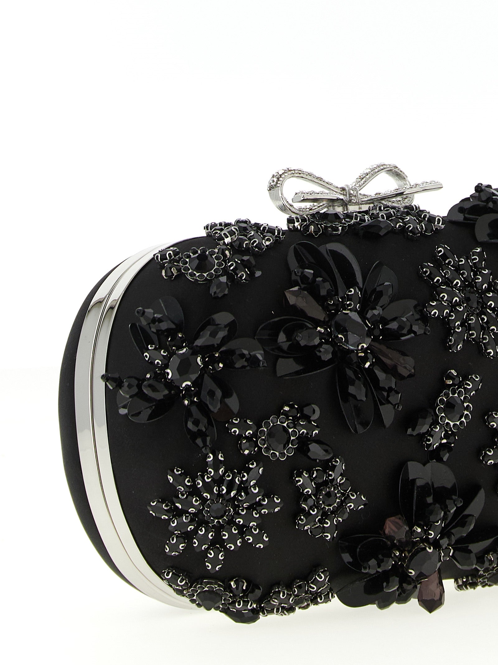 Black Satin Floral Crystal clutch Polyester Elastane