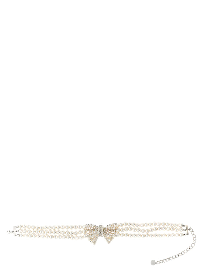 Pearl Satin Bow Necklace White Brass Glass St Jewelry