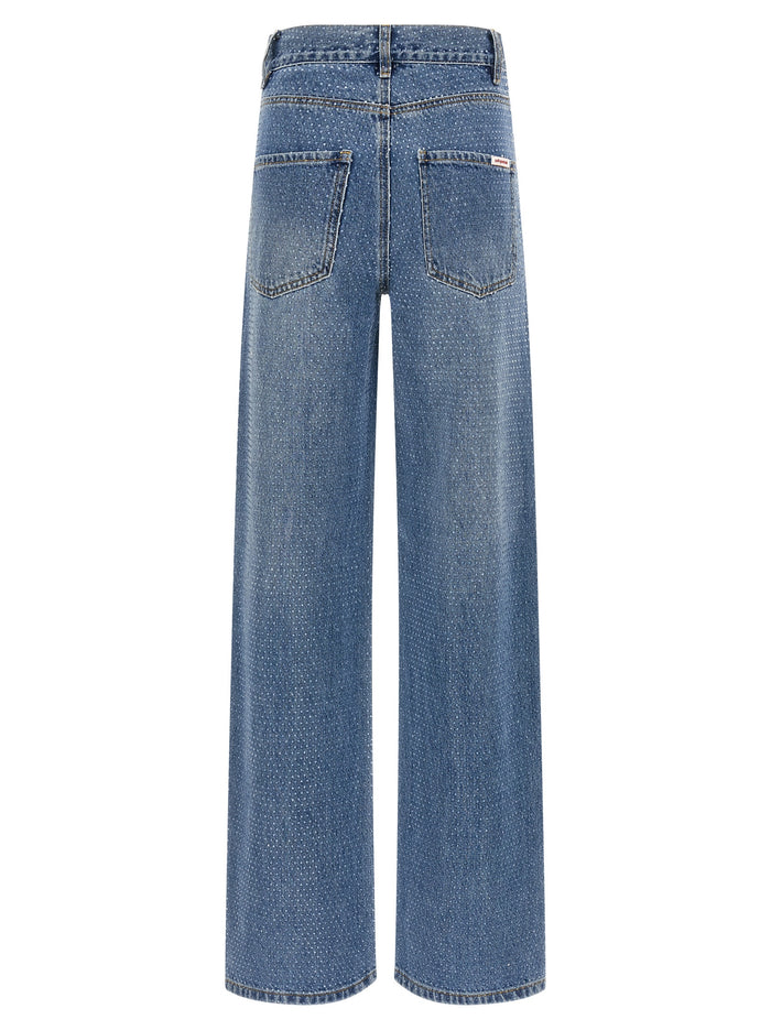 Rhinestone Denim Straight Leg jeans Blue Cotton