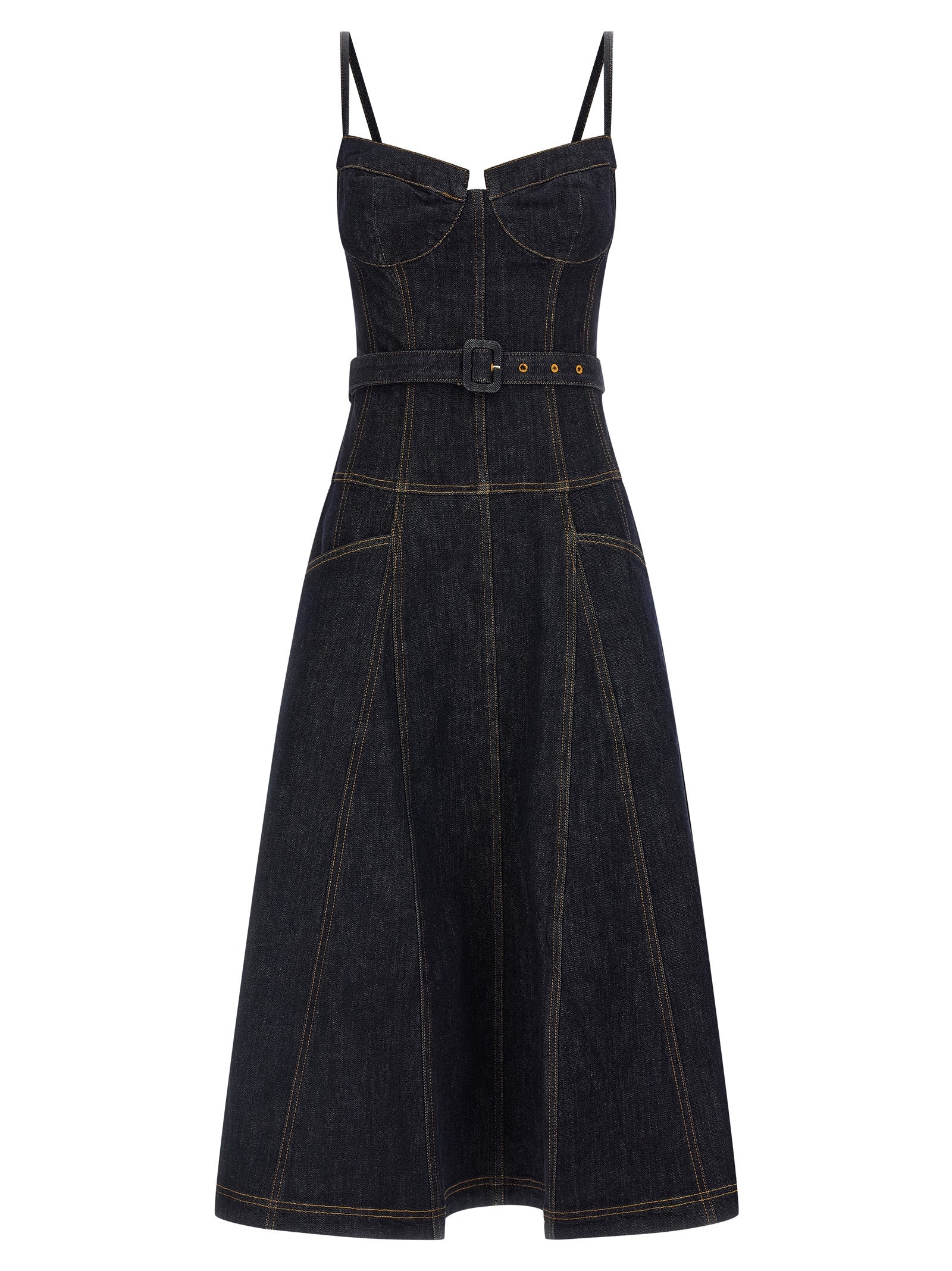 Indigo Denim Flared Midi dress Blue Cotton Polyester Elastane