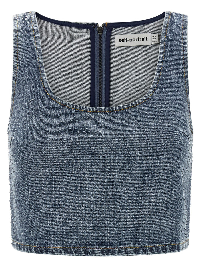 Rhinestone Denim Crop top Blue Cotton Tops