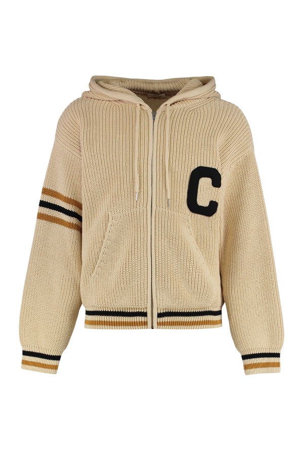 Hooded Zip Sweatshirt Beige Cotton Knitwear