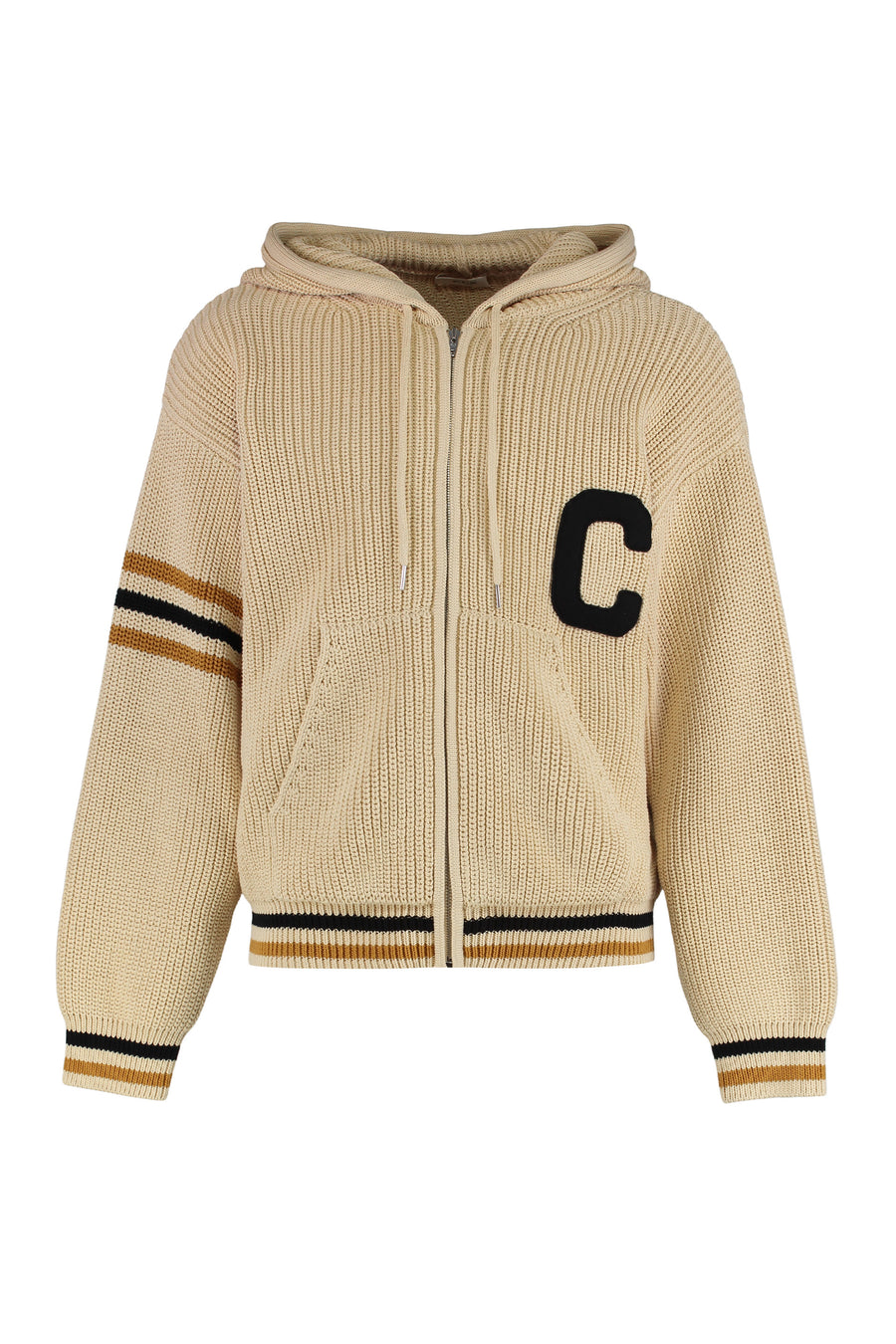 Hooded Zip Sweatshirt Beige Cotton Knitwear