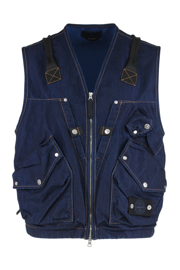 Utility Gilet Denim Blue Cotton Waistcoats & Gilets