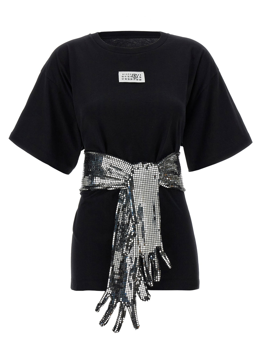 Mm6 Maison Margiela Sequin Glove Detail T-Shirt — Black
