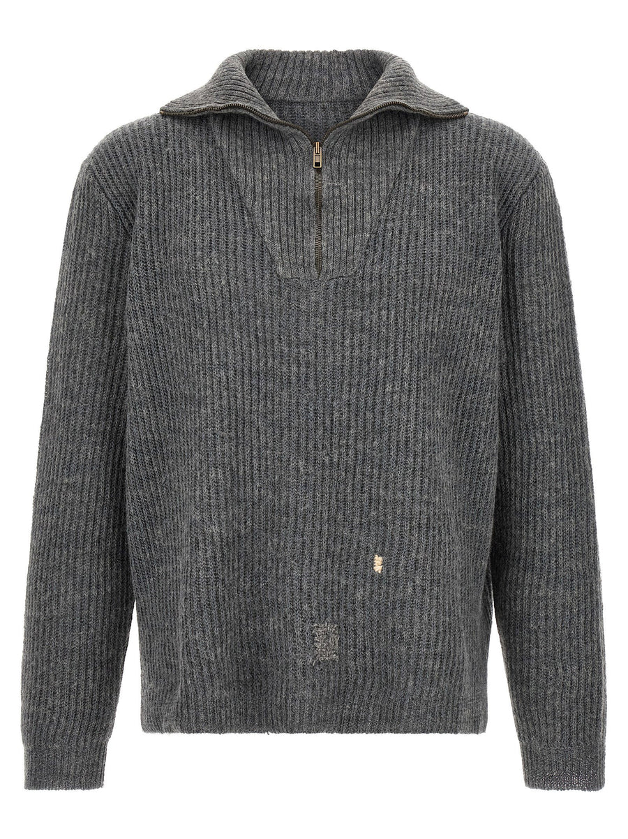 Maison Margiela Ribbed Wool-Linen with Mending Details Sweater — gray