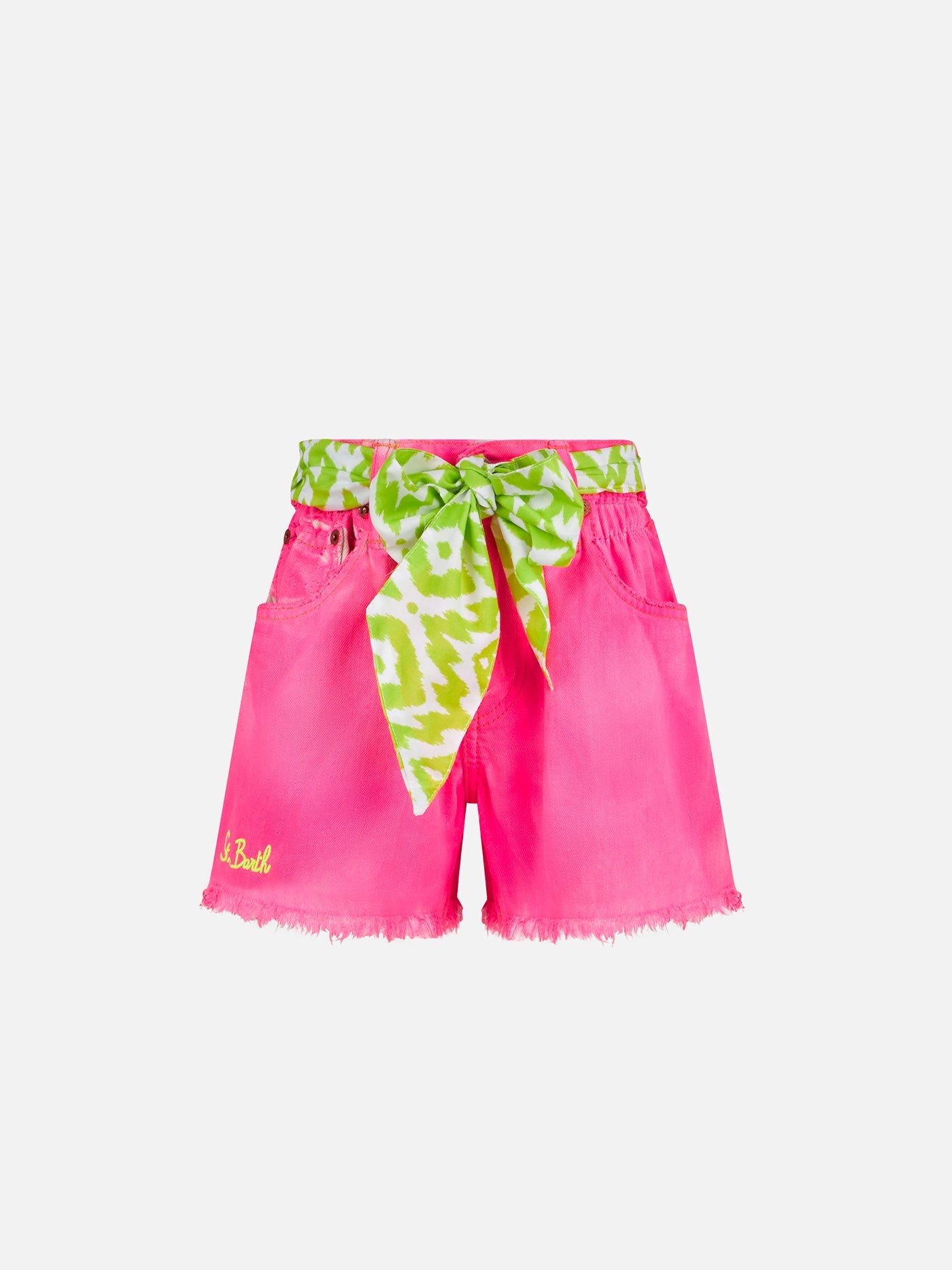 Girl Fluo Pink Upcycled Denim Shorts With Embroidery Pant