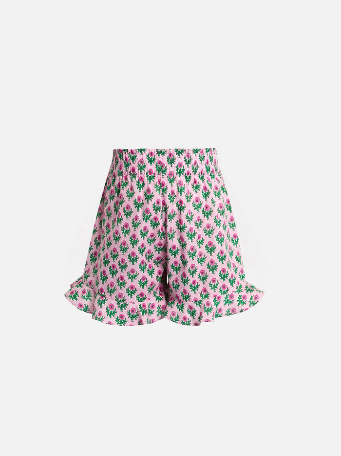 Girl Cotton Ruffled Shorts Ander P With Flower Print Pink Pant