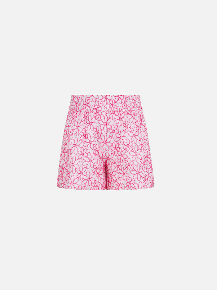 Girl Cotton Shorts With Daisy Embroidery White Pant