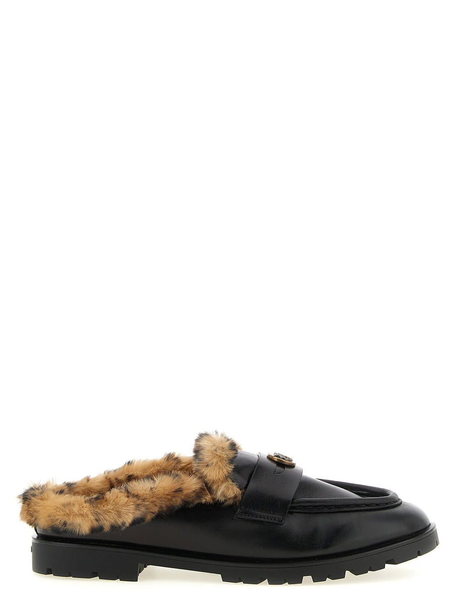 Pinko Fur-Lined Leather Mule — Black