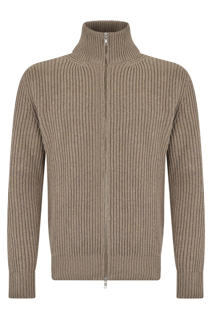 Zip Cardigan With Collar - Beige Melange Wool Cardigans
