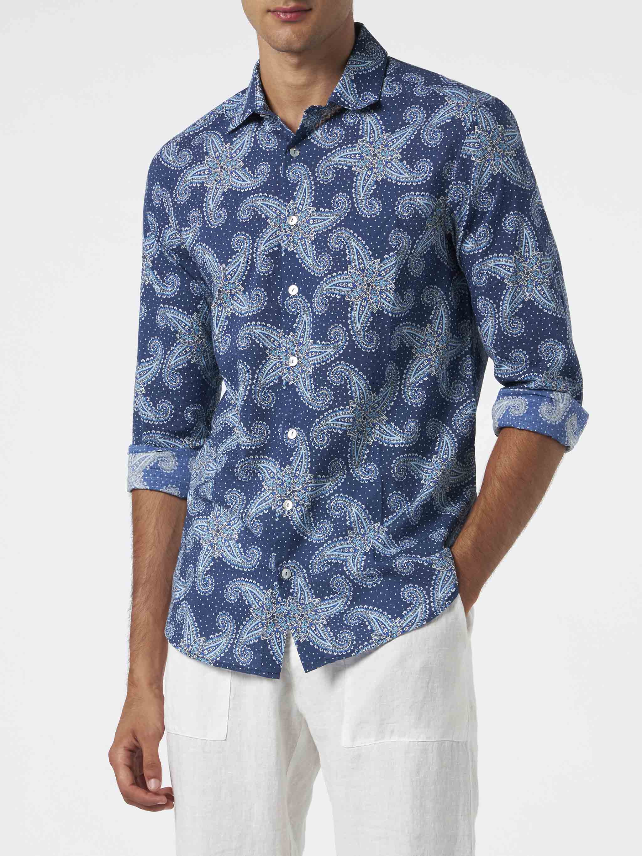 Man Muslin Cotton Sikelia Shirt With Paisley Star Print Blue