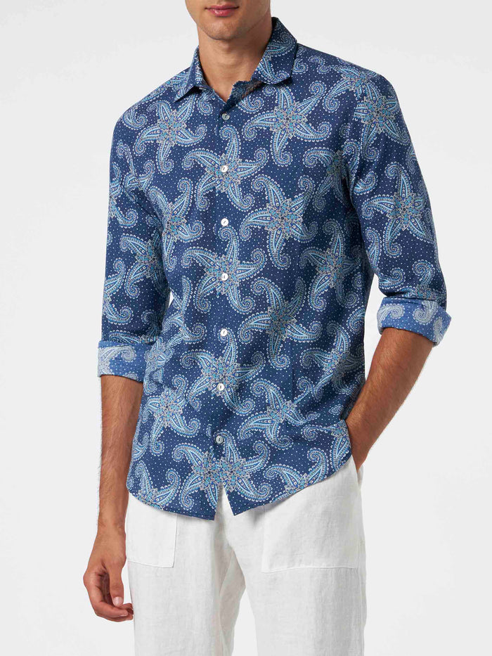 Man Muslin Cotton Sikelia Shirt With Paisley Star Print Blue