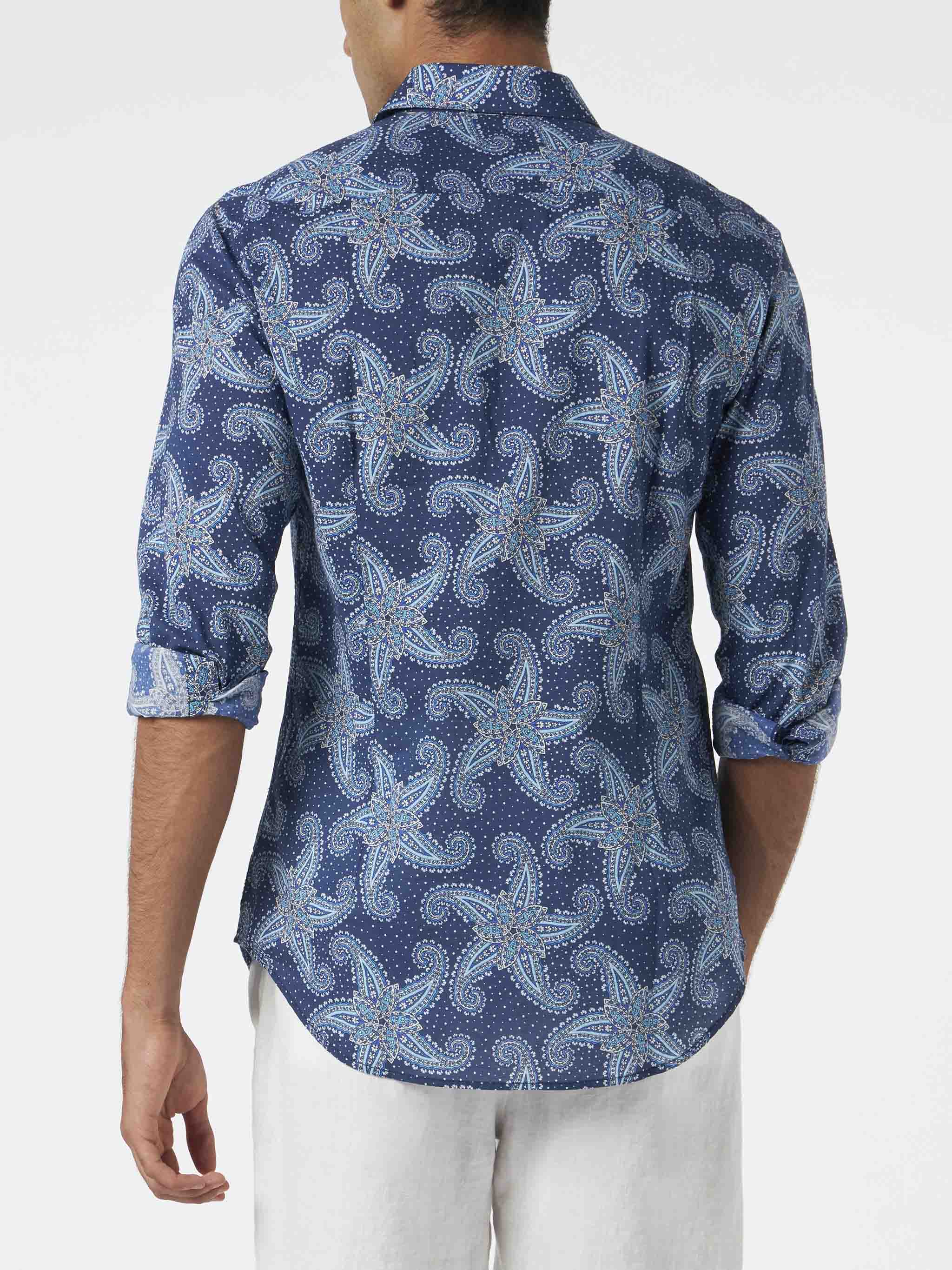 Man Muslin Cotton Sikelia Shirt With Paisley Star Print Blue