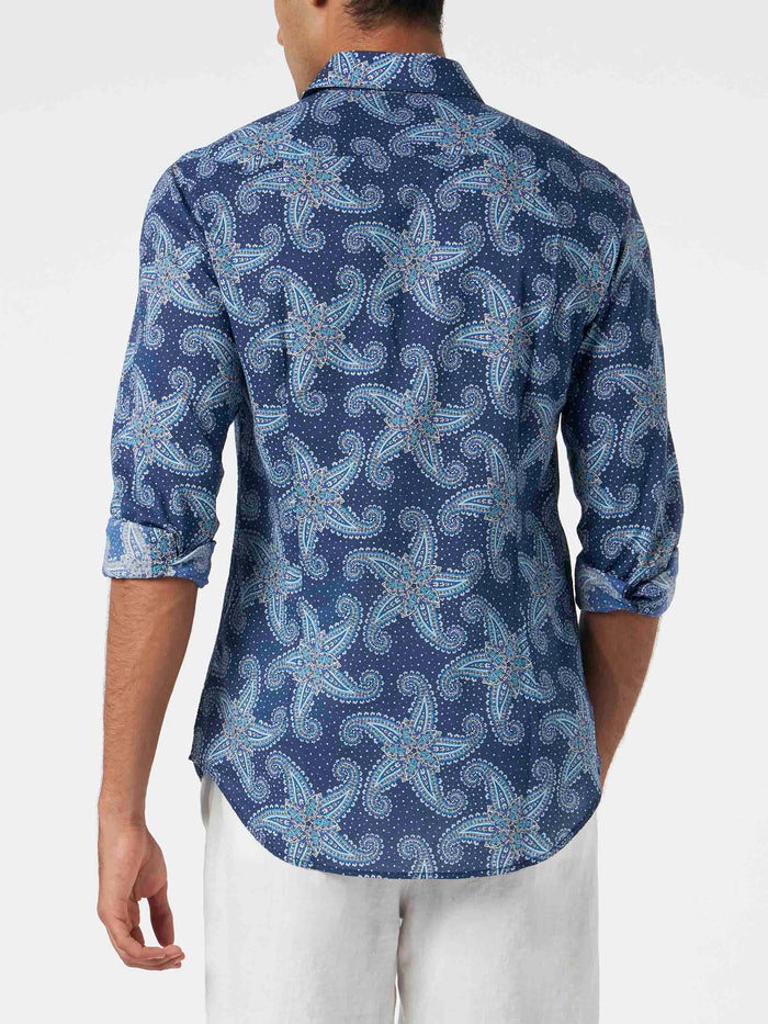 Man Muslin Cotton Sikelia Shirt With Paisley Star Print Blue
