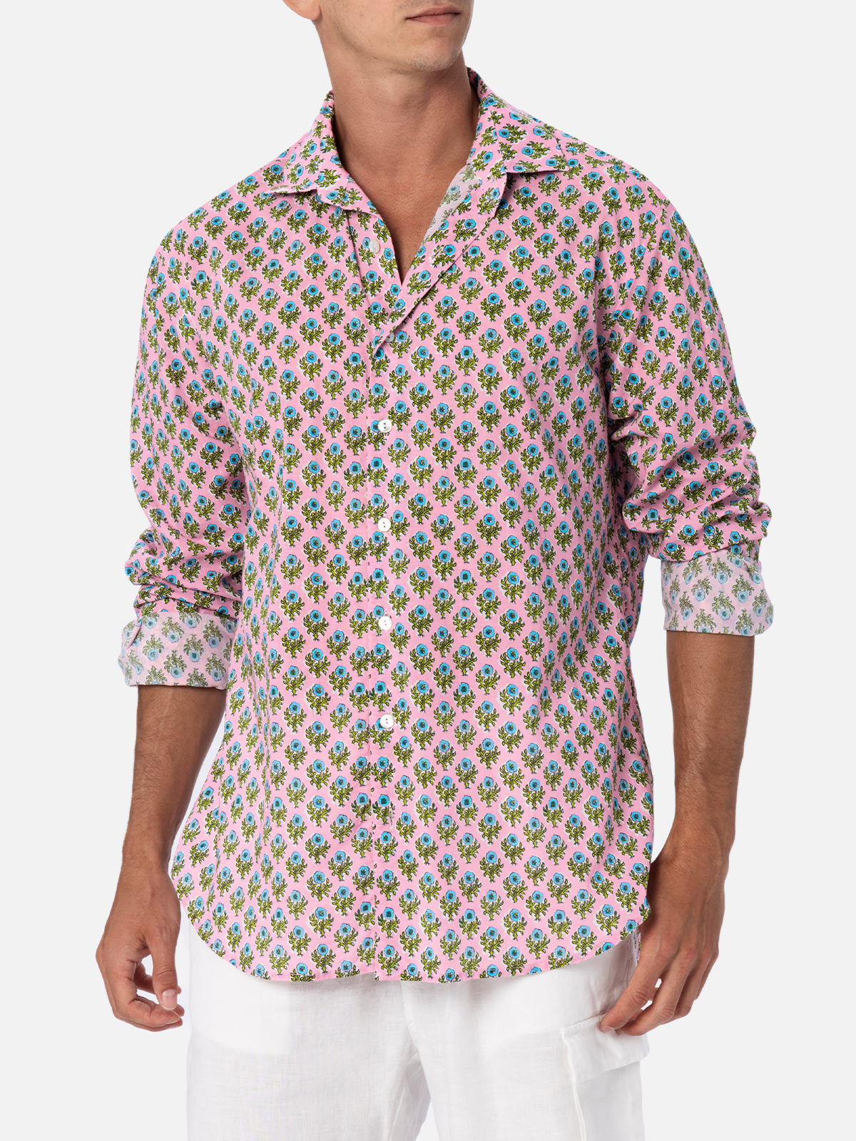 Man Muslin Cotton Shirt Sikelia With Radical Flower Print Pink