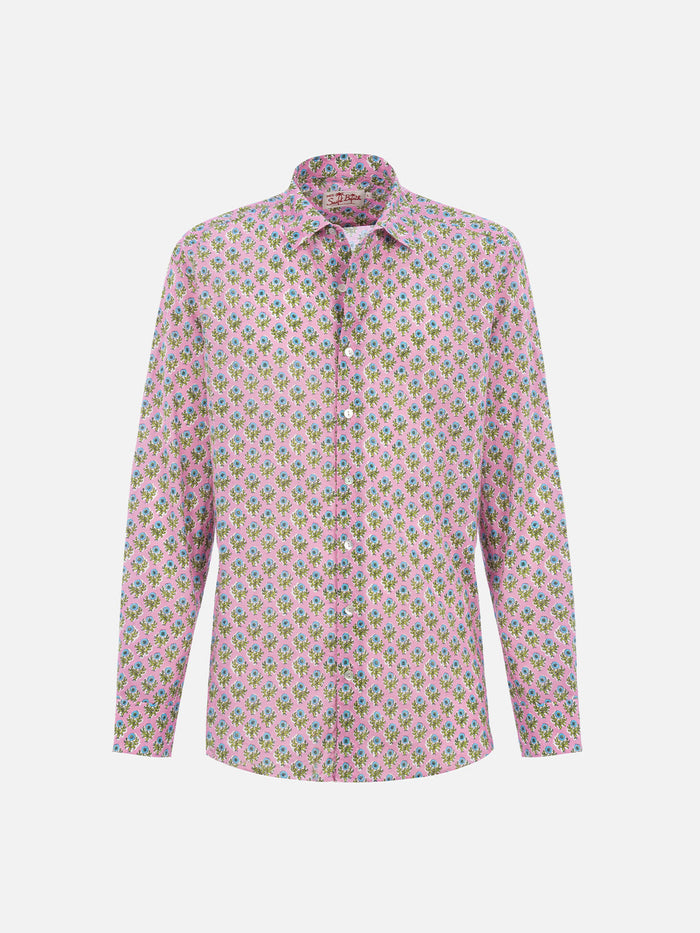 Man Muslin Cotton Shirt Sikelia With Radical Flower Print Pink