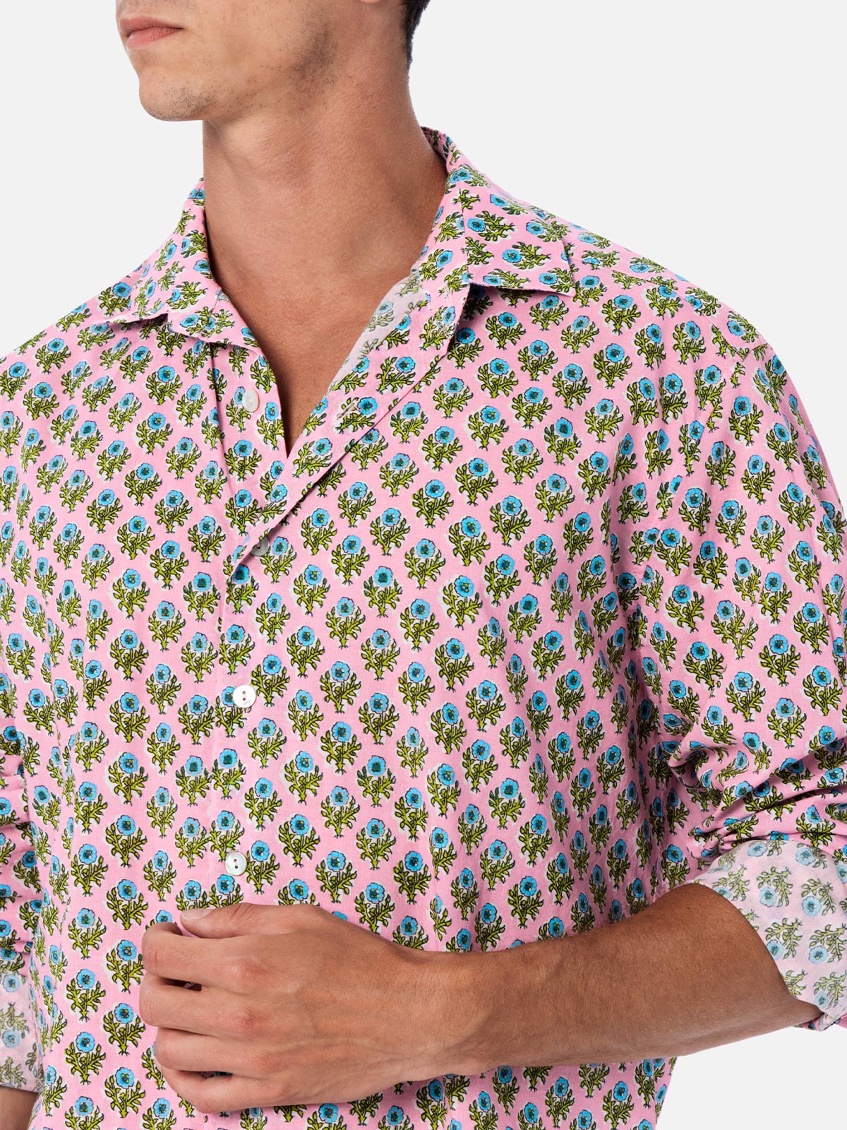 Man Muslin Cotton Shirt Sikelia With Radical Flower Print Pink