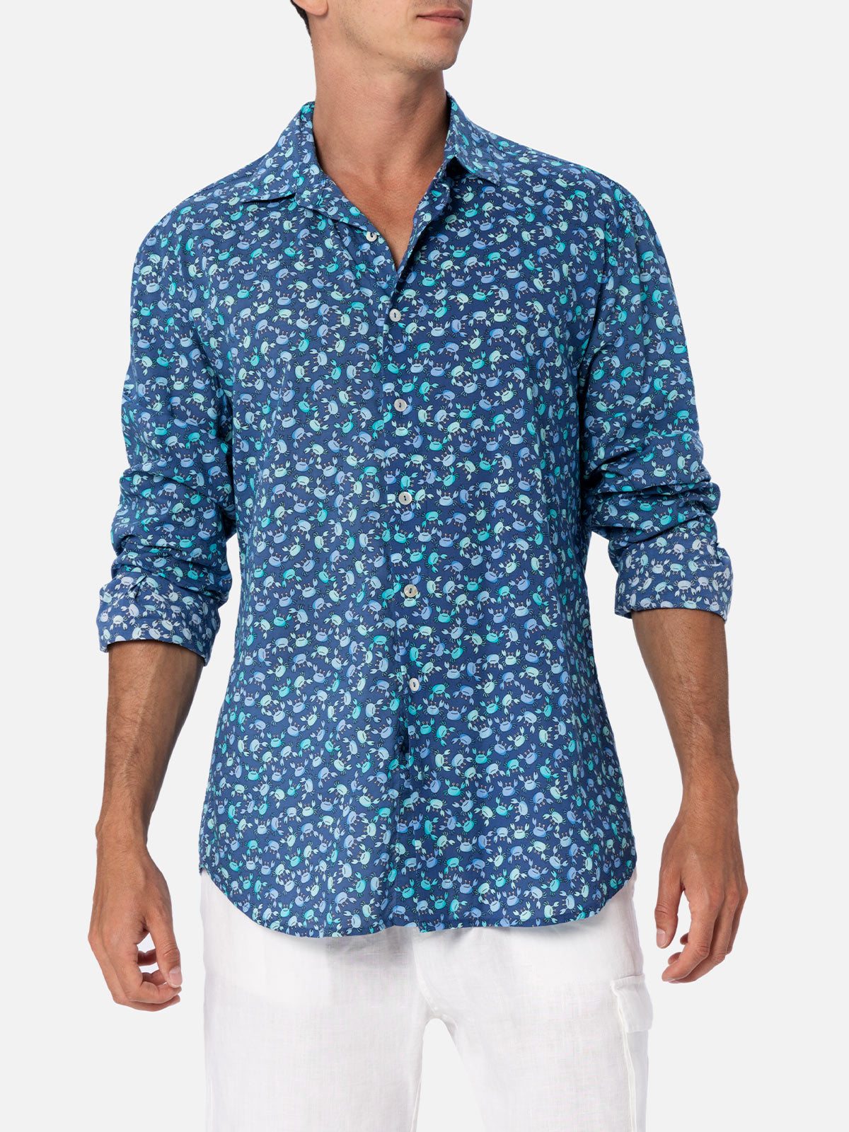 Man Muslin Cotton Shirt Sikelia With Crabs Print Blue