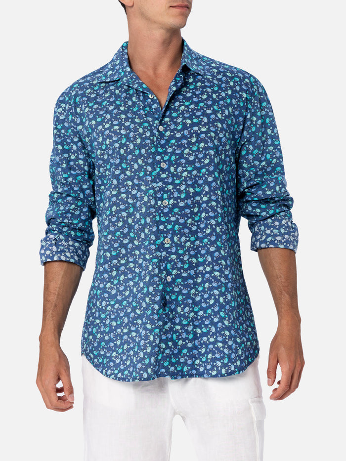 Man Muslin Cotton Shirt Sikelia With Crabs Print Blue