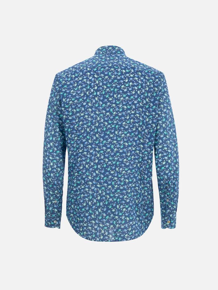 Man Muslin Cotton Shirt Sikelia With Crabs Print Blue