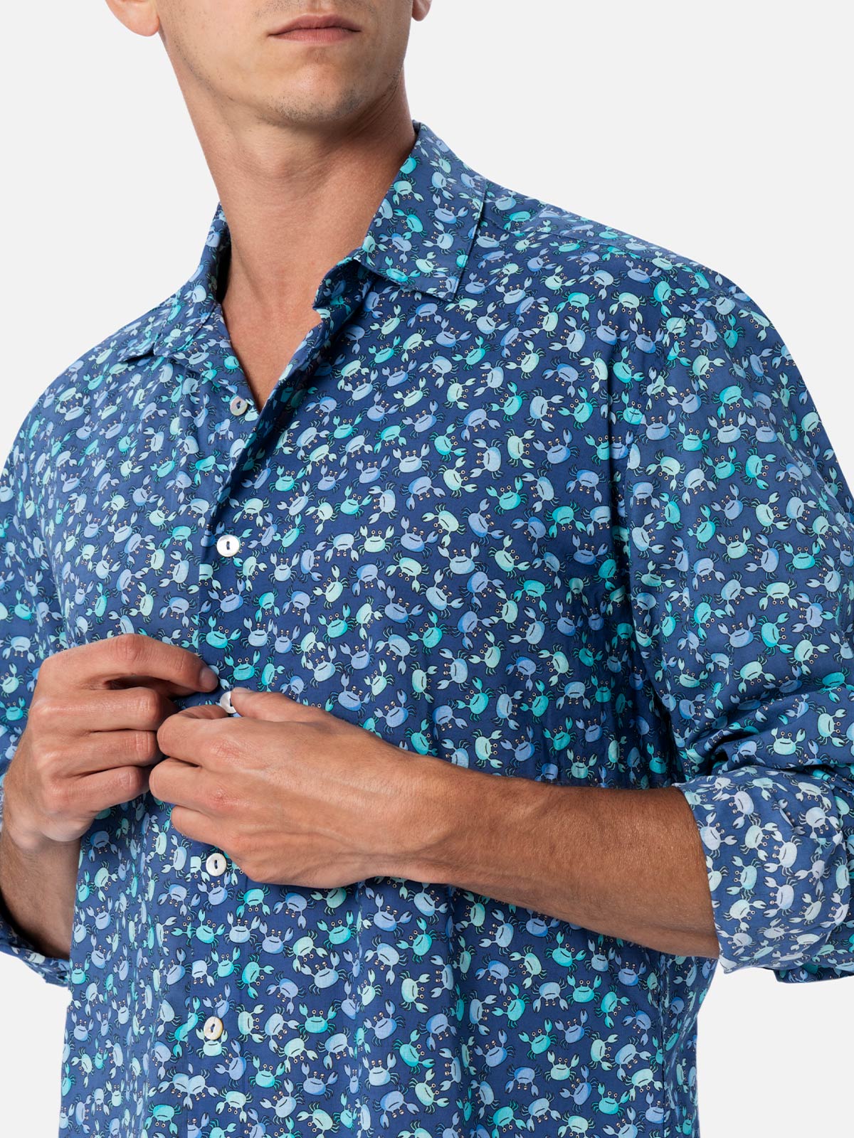 Man Muslin Cotton Shirt Sikelia With Crabs Print Blue