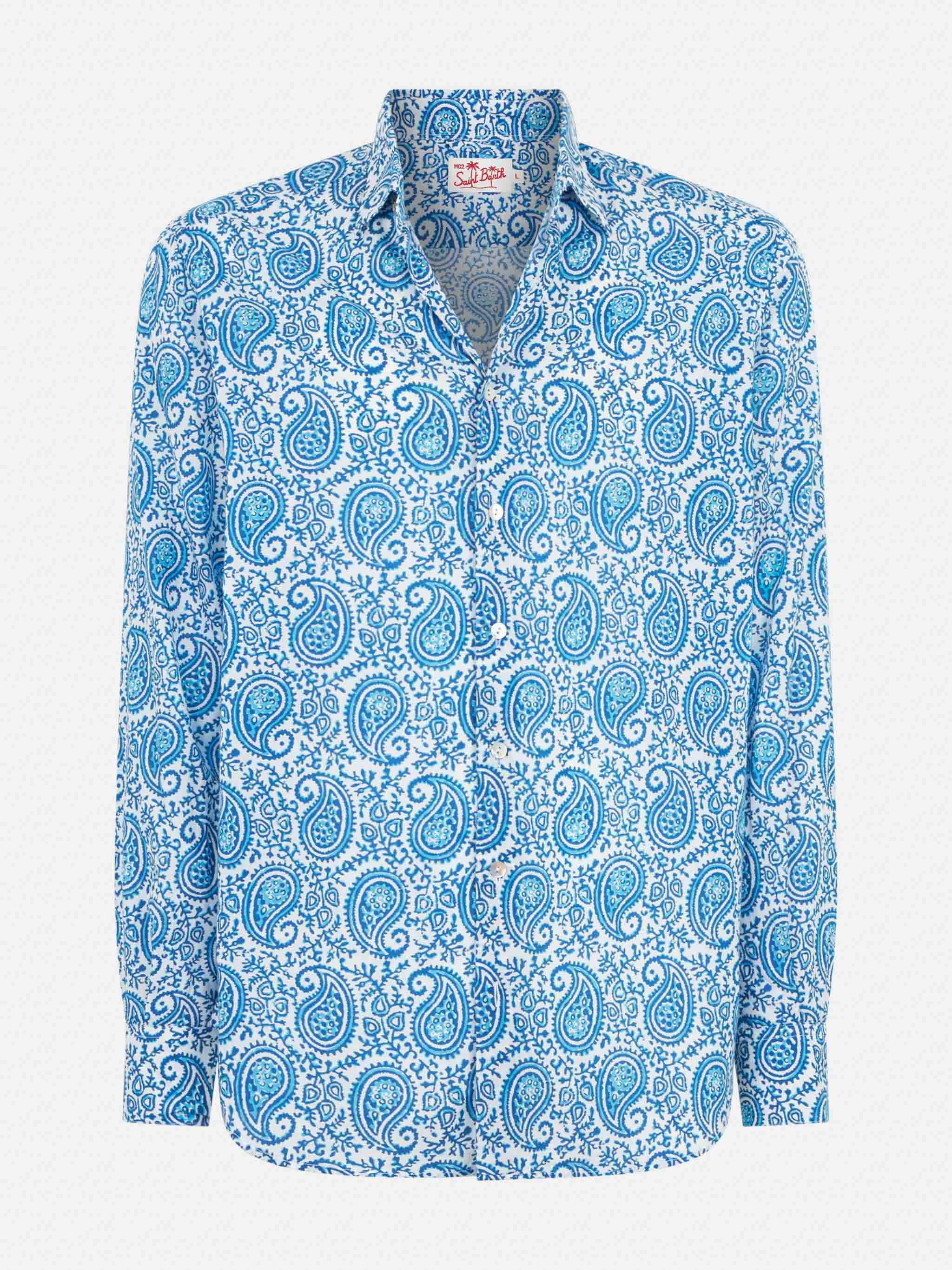 Man Muslin Cotton Sikelia Shirt With Paisley Print White