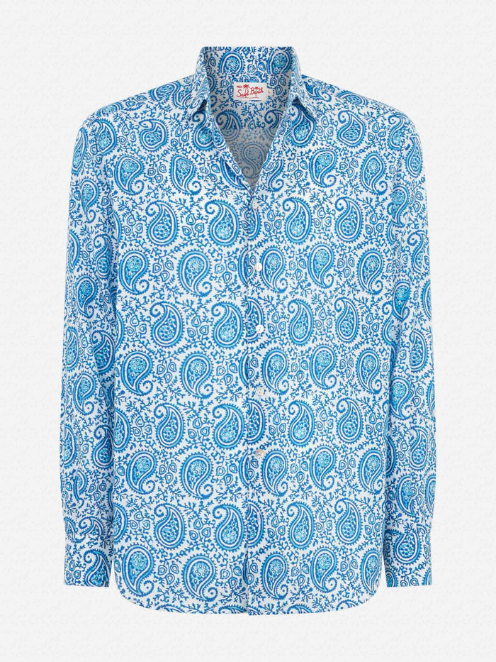 Man Muslin Cotton Sikelia Shirt With Paisley Print White