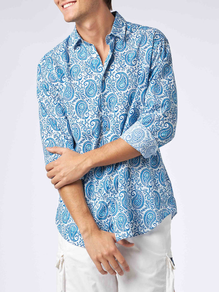 Man Muslin Cotton Sikelia Shirt With Paisley Print White