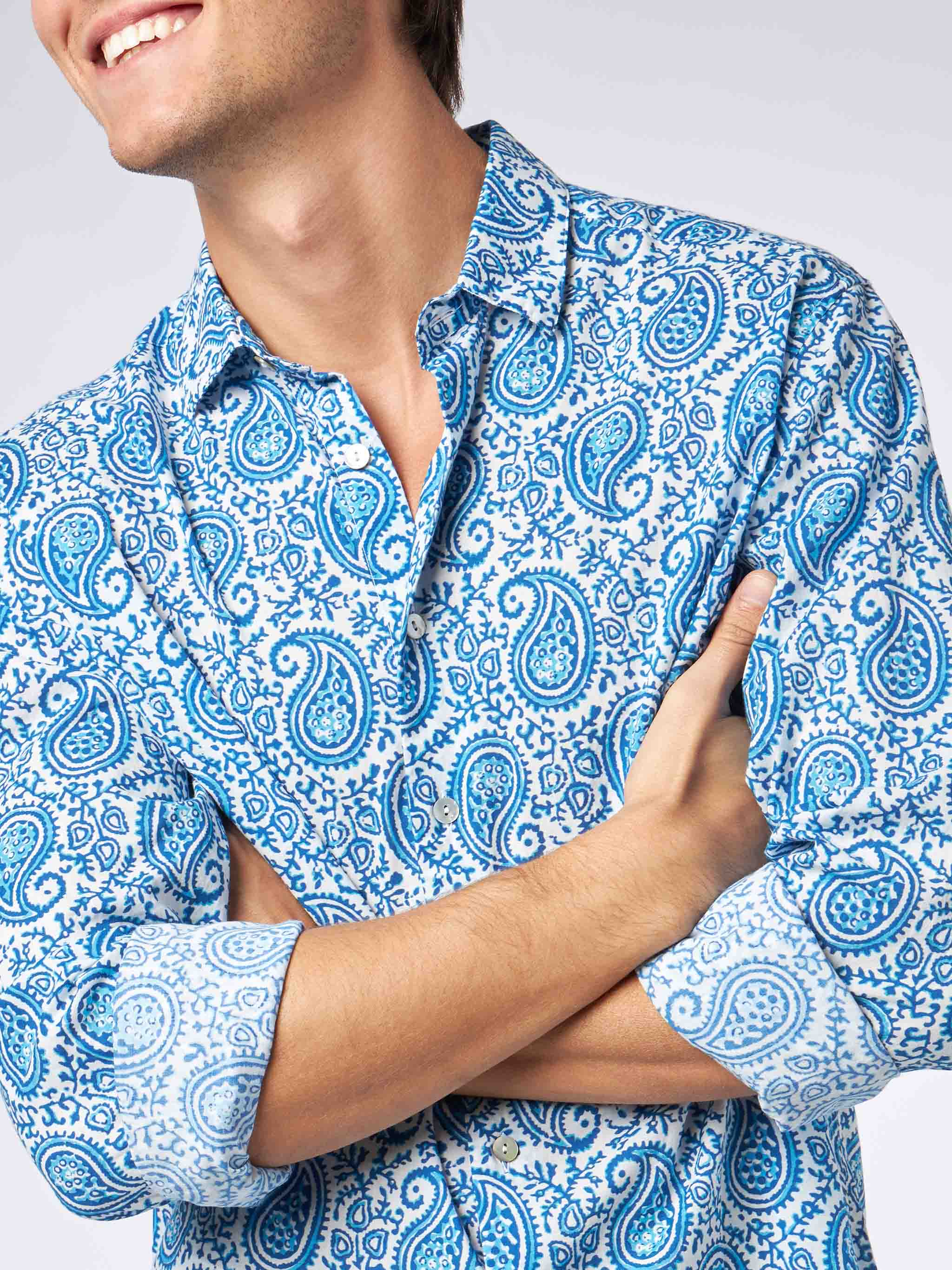 Man Muslin Cotton Sikelia Shirt With Paisley Print White