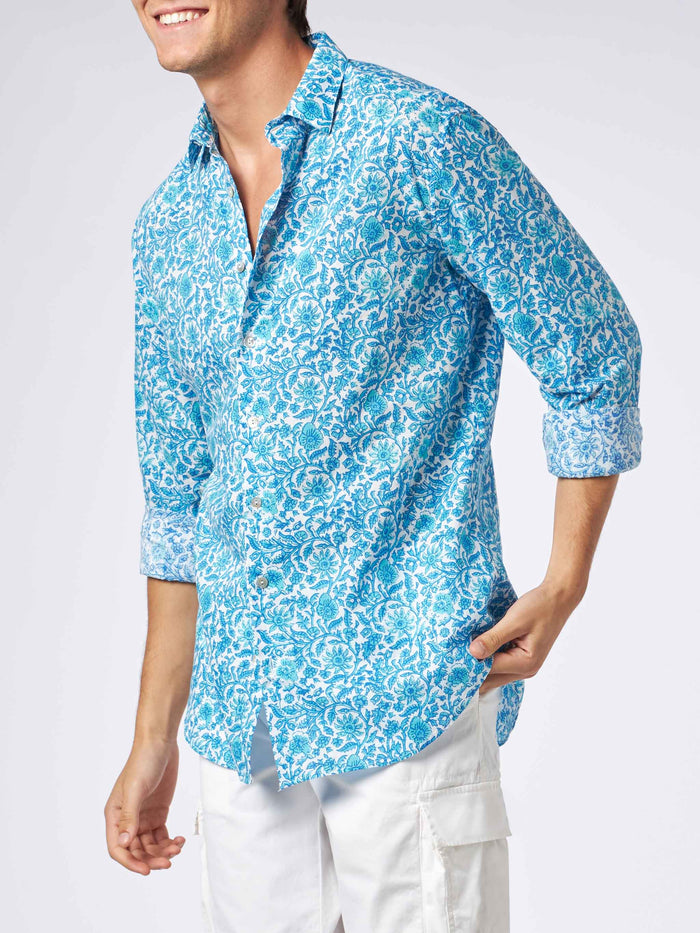Man Muslin Cotton Sikelia Shirt With Flower Print White