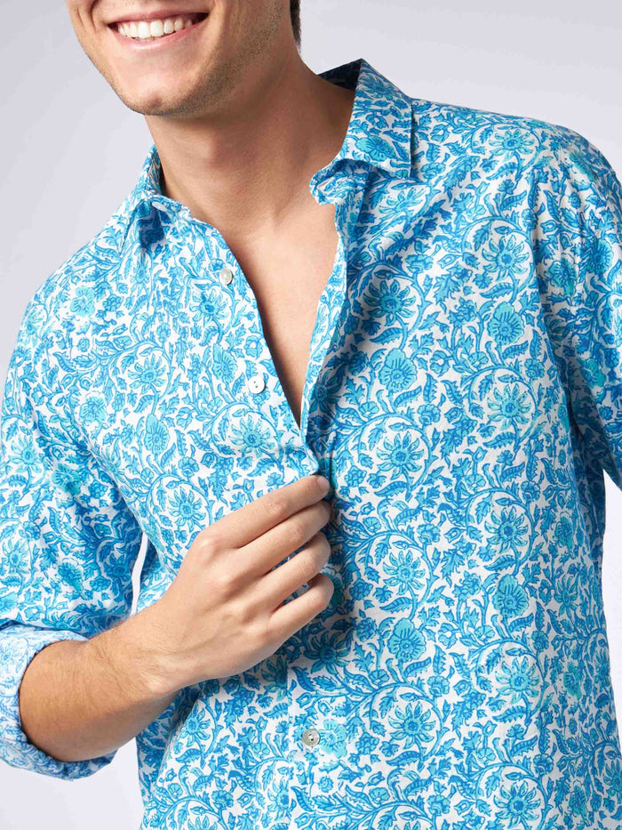 Man Muslin Cotton Sikelia Shirt With Flower Print White