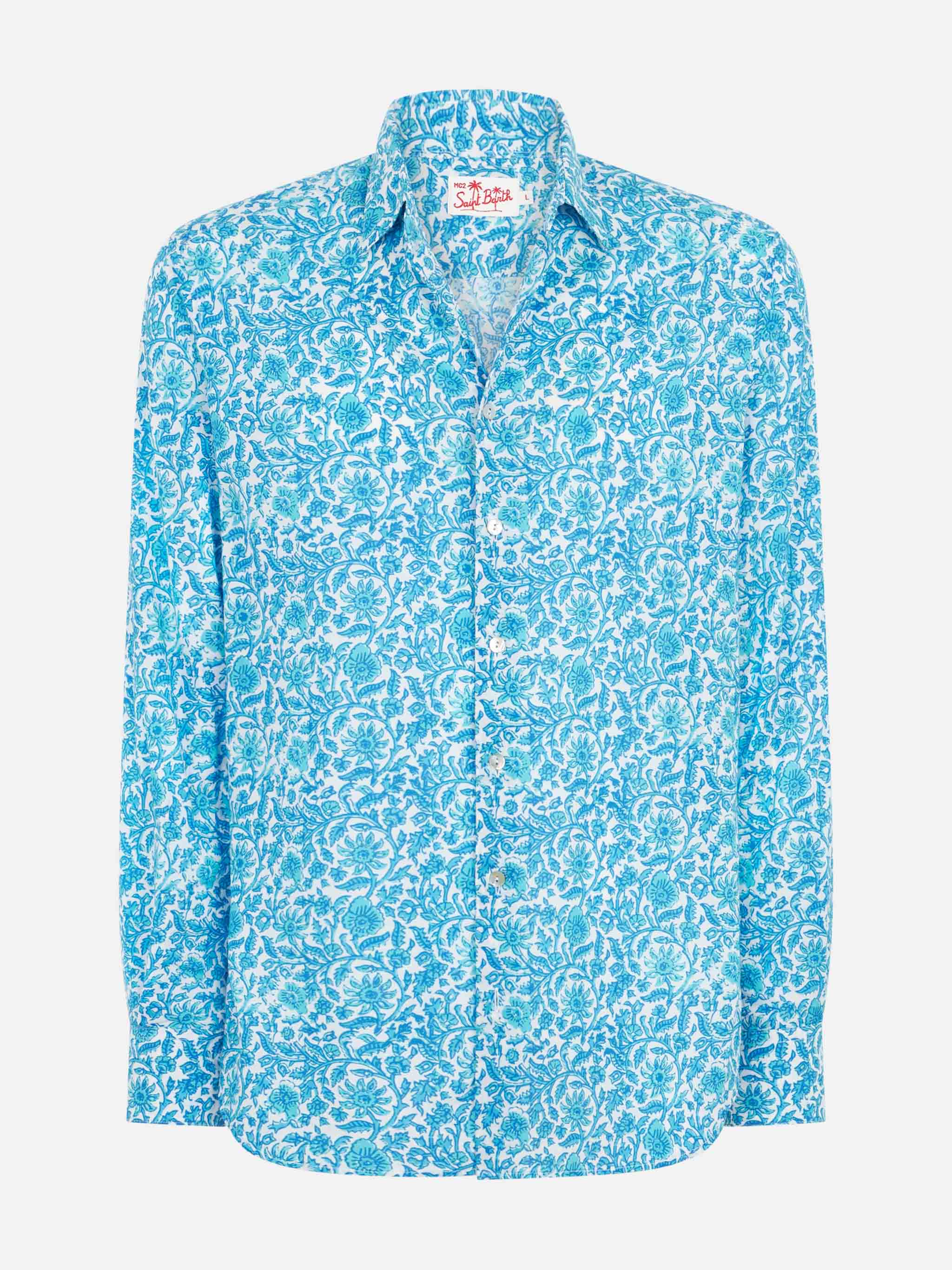 Man Muslin Cotton Sikelia Shirt With Flower Print White