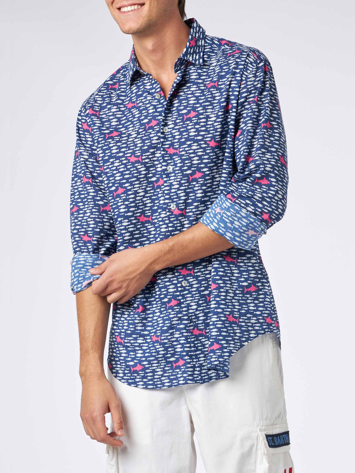 Man Muslin Cotton Sikelia Shirt With Fish And Shark Print Blue