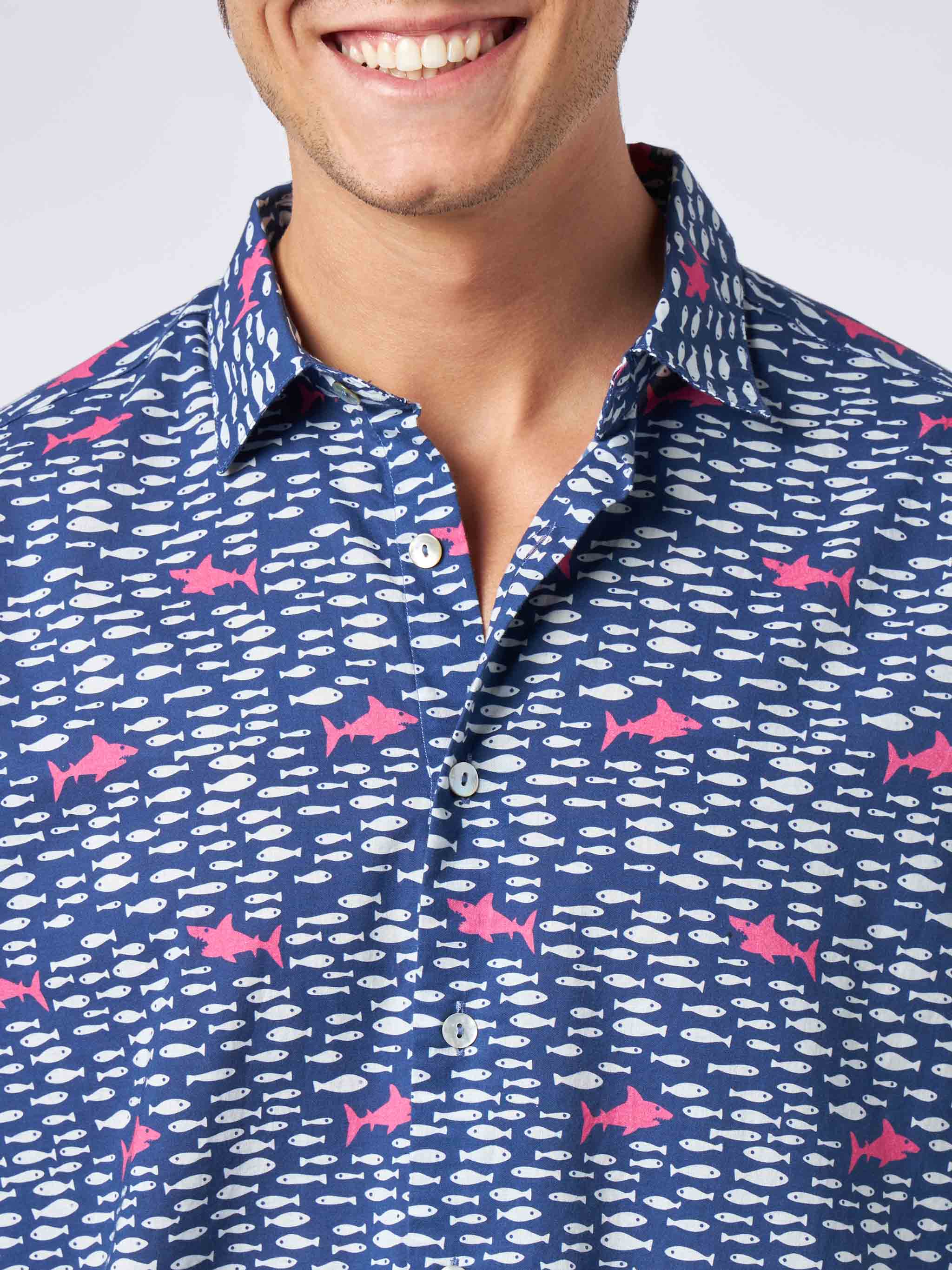 Man Muslin Cotton Sikelia Shirt With Fish And Shark Print Blue
