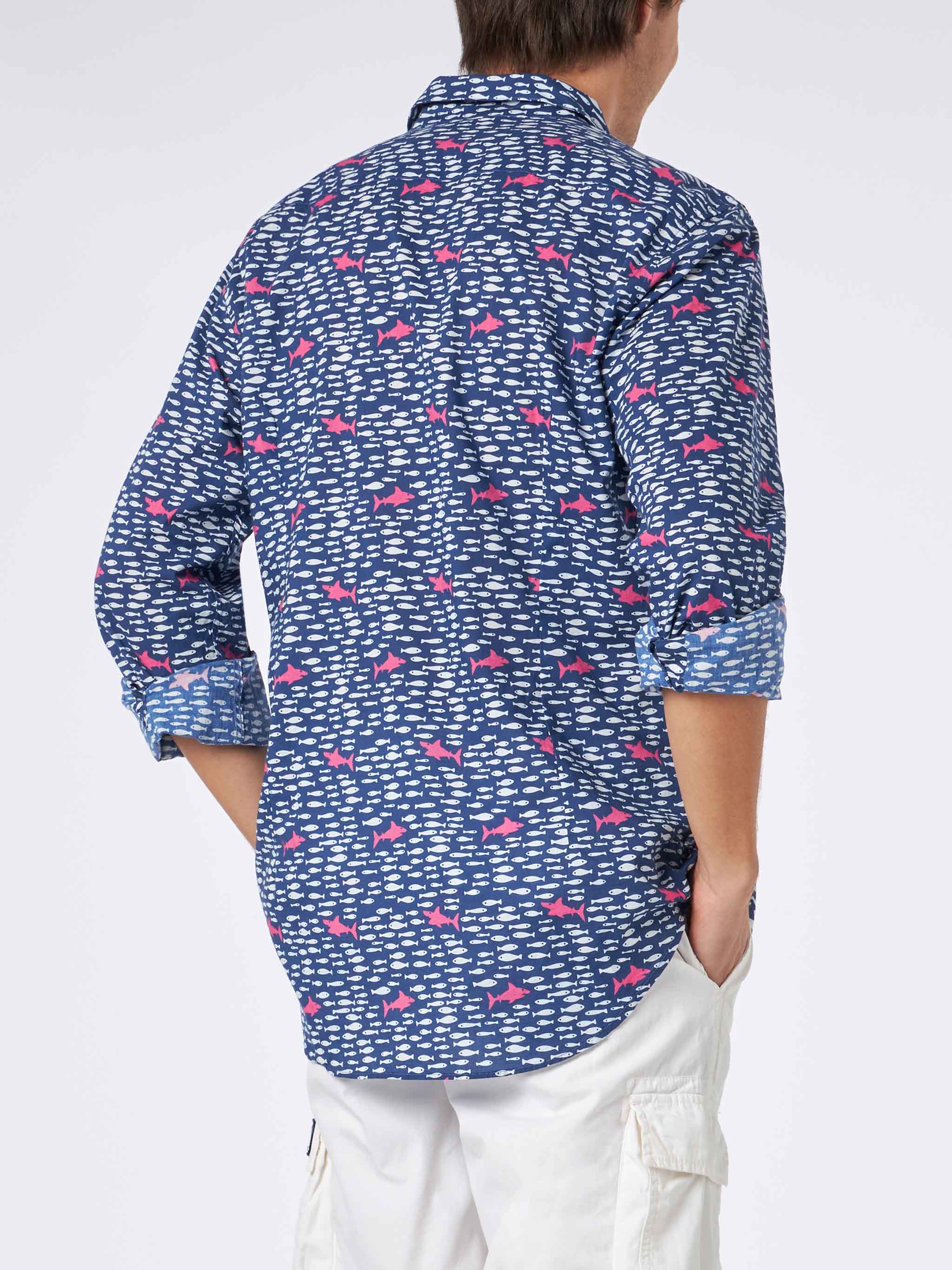 Man Muslin Cotton Sikelia Shirt With Fish And Shark Print Blue