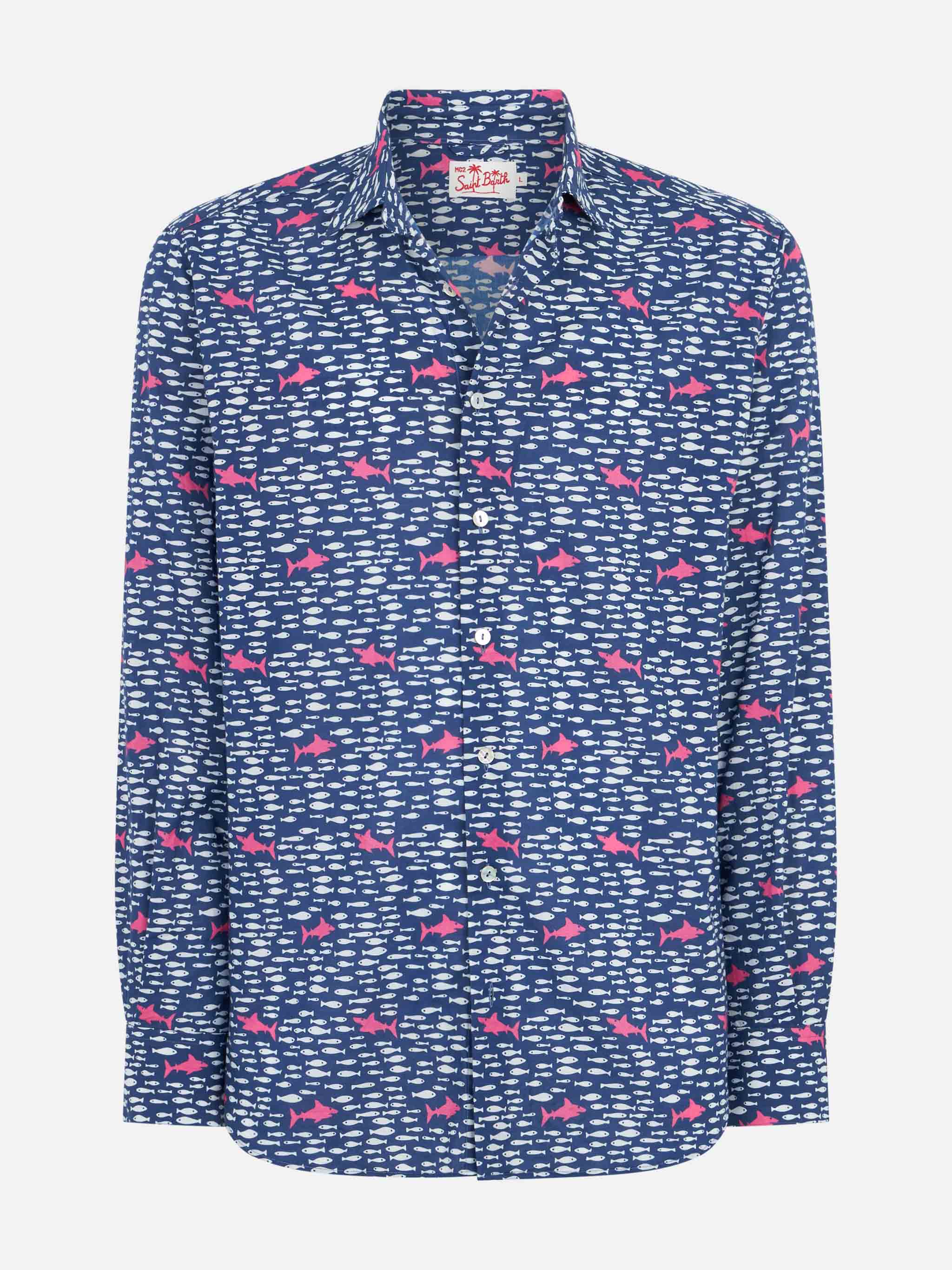 Man Muslin Cotton Sikelia Shirt With Fish And Shark Print Blue