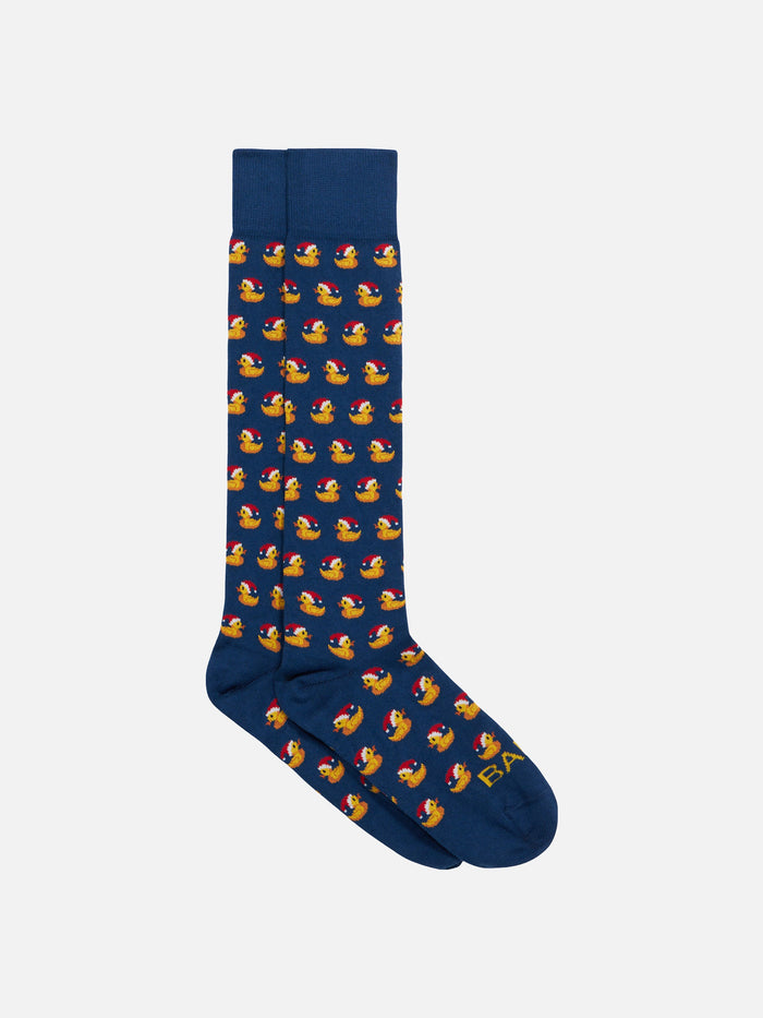 Man Long Socks With Ducky Santa Claus Jacquard Print Blue