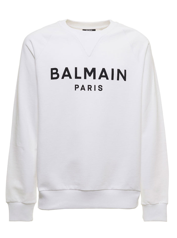 Balmain Mans White Cotton Sweatshirt With Logo Print Sweatshirts