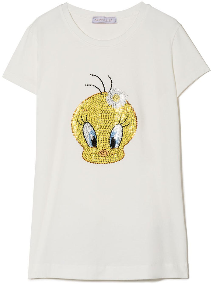 White Cotton T-Shirt With Sequin Tweety Print Elastane Tshirts And Polo Shirts