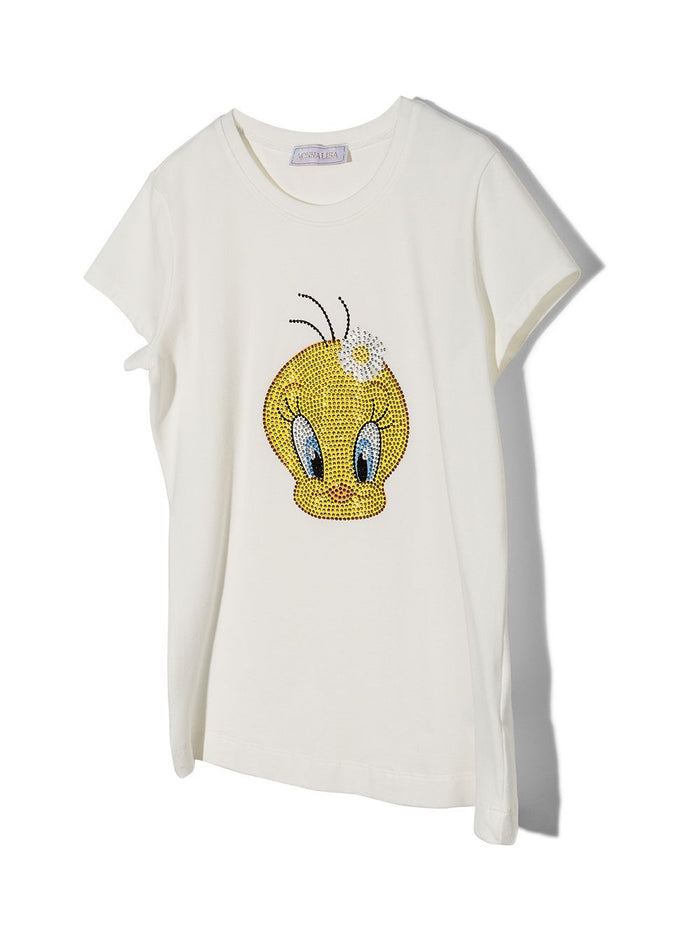 White Cotton T-Shirt With Sequin Tweety Print Elastane Tshirts And Polo Shirts