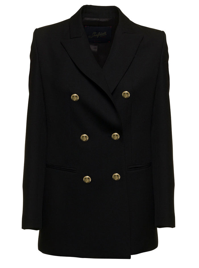Seafarer Woman Double-Breasted Black Wool Betty Virgin Silk Linen Blazers