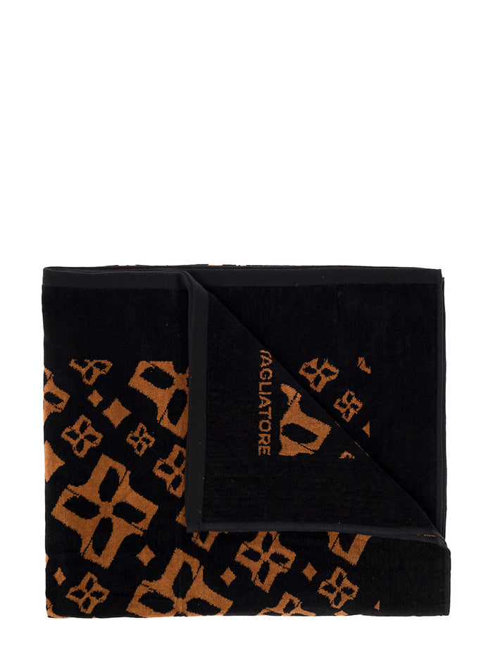 Black And Brown Cotton Beach Towel With Logo Jacquard Tagliatore Home Towels