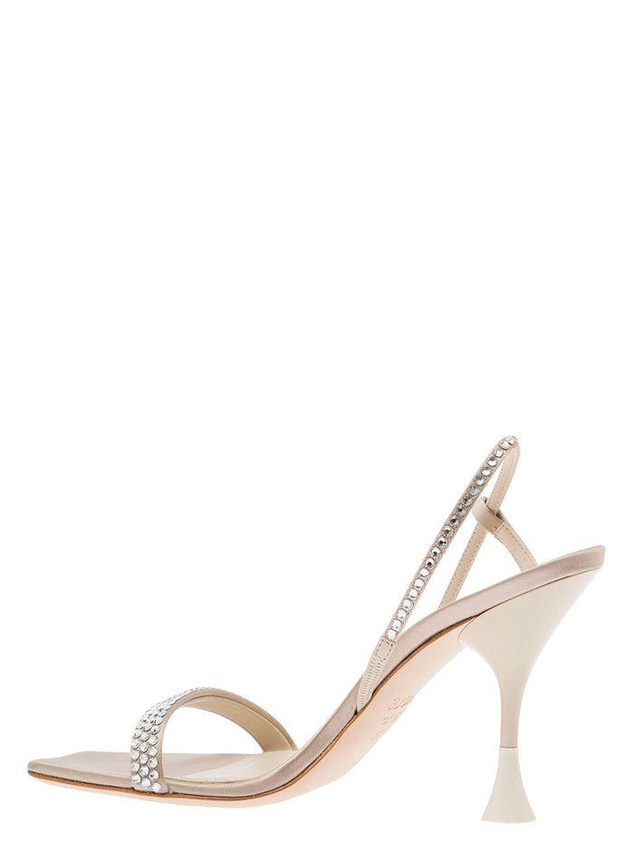 Eloise Beige Sandals With Rhinestone Embellishment And Spool Hight Heel Viscose Blend Woman Silk Heels