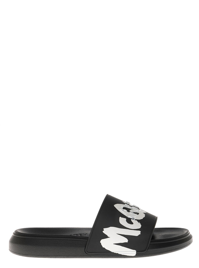 Alexander Mcqueen Mans Black Rubber Slide Sandals With Logo Flat Shoes