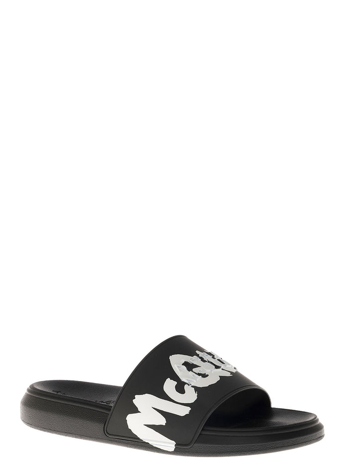 Alexander Mcqueen Mans Black Rubber Slide Sandals With Logo Flat Shoes